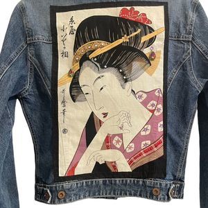 GAP 1969 Women’s Denim Trucker Jacket M Blue Hand-Painted Geisha Vintage Unisex